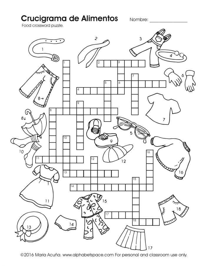 Second grade Spanish vocabulary worksheet showing clothing items with la ropa labels and matching exercises