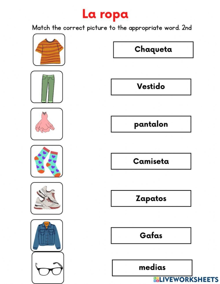 Second grade Spanish vocabulary worksheet showing clothing items with la ropa labels and matching exercises
