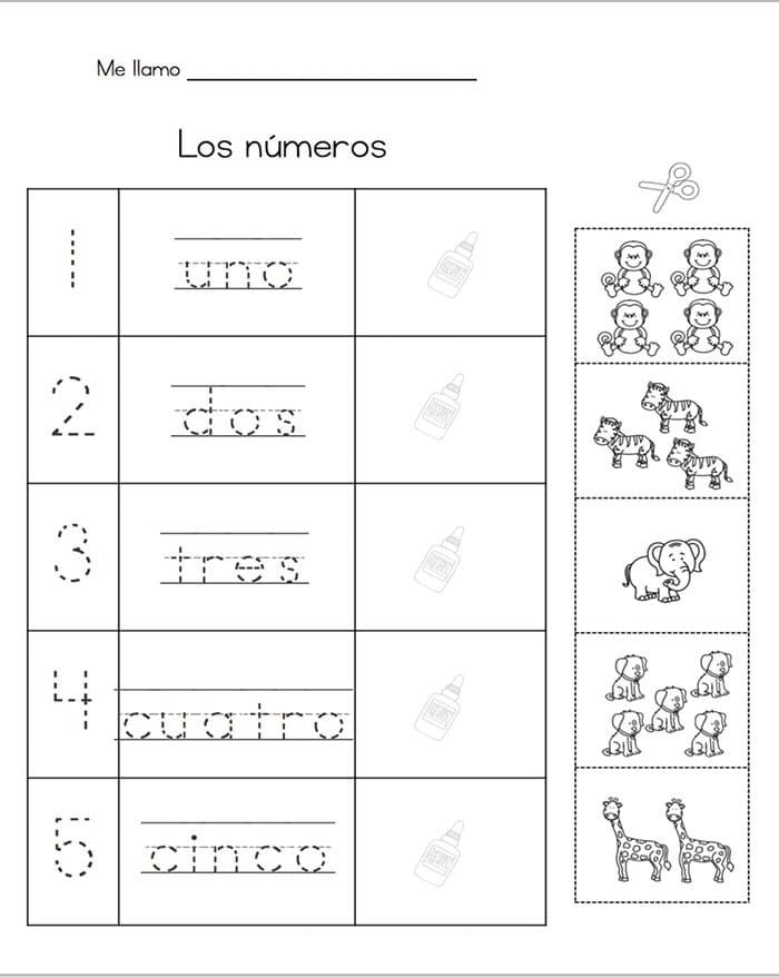 Second grade Spanish worksheet for learning numbers 1 to 100 with a counting by tens reference guide