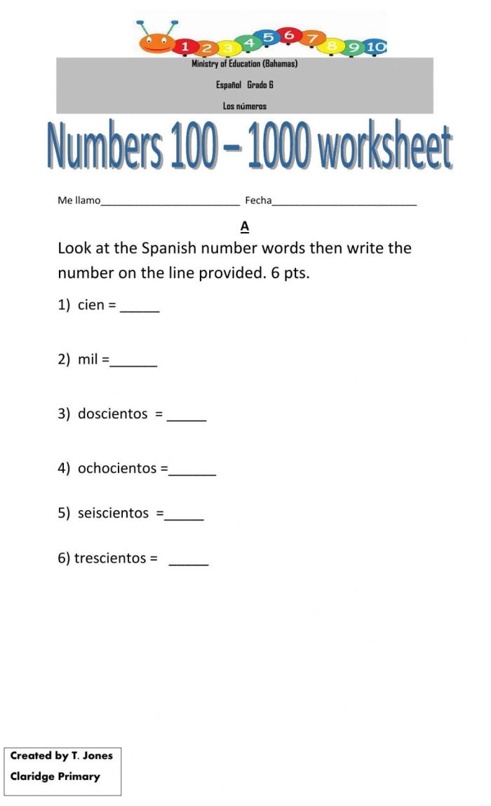 Second grade student worksheet featuring a Spanish number reference chart from 1 to 100
