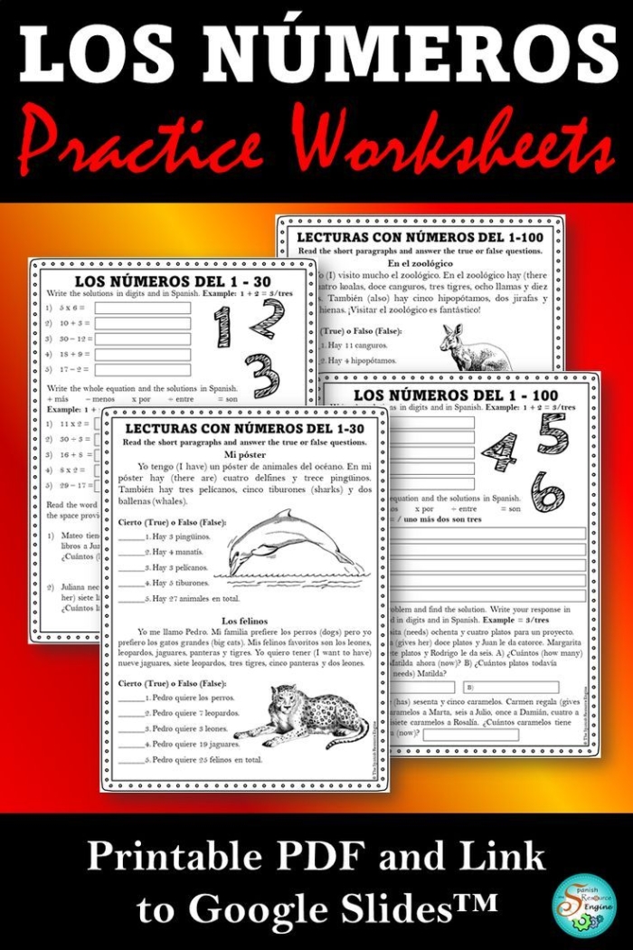 Second grade Spanish worksheet for learning numbers 1 to 100 with a counting by tens practice guide
