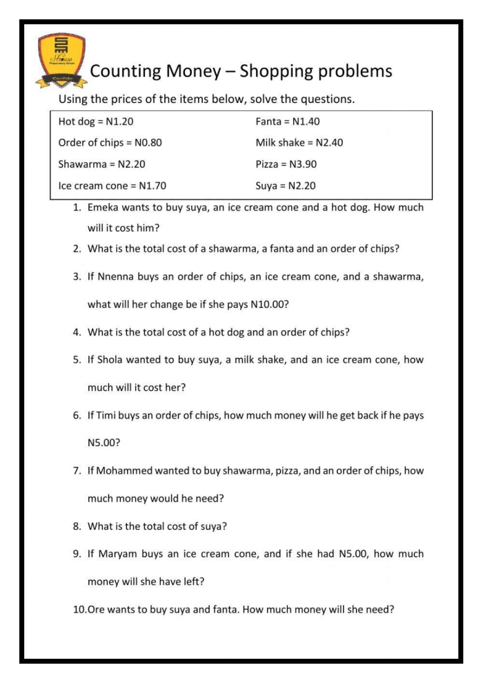 Kids solving word problems about spending money on a math worksheet