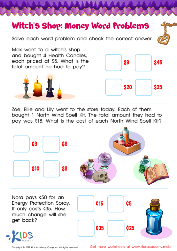 Second-grade students solving spending money word problems using number bonds and subtraction in a worksheet. Engaging Spending Money Word Problems Worksheet for Second Graders.