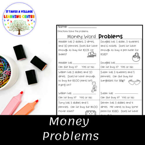 Colorful worksheet featuring spending money word problems for second graders