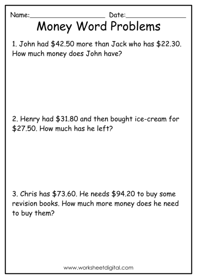 Second grade students solving spending money word problems on a math worksheet
