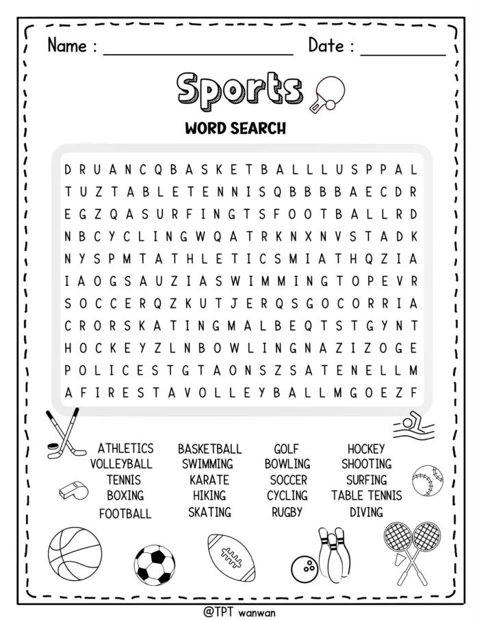 Sports themed word search worksheet for second grade learners Second grade sports word search puzzle for vocabulary building