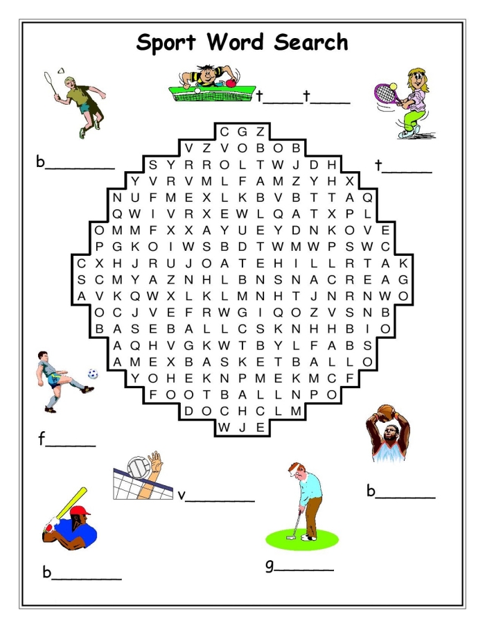 Fun sports vocabulary word search puzzle for young learners Kids engaging in a sports-themed word search worksheet for second grade