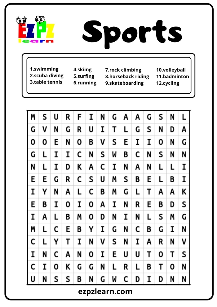 Sports Word Search Worksheet for Second Grade Number 15 Second grade sports vocabulary word search puzzle worksheet number fifteen