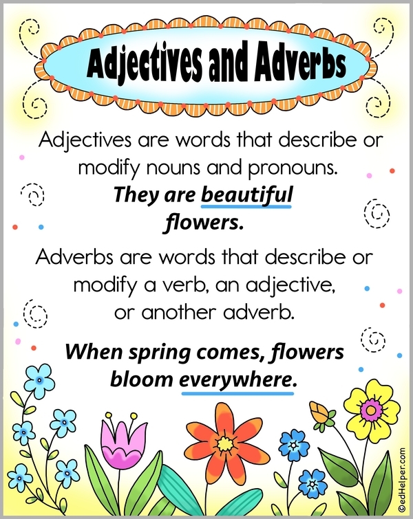 Second grade spring adjectives worksheet with sentences about flowers and nature