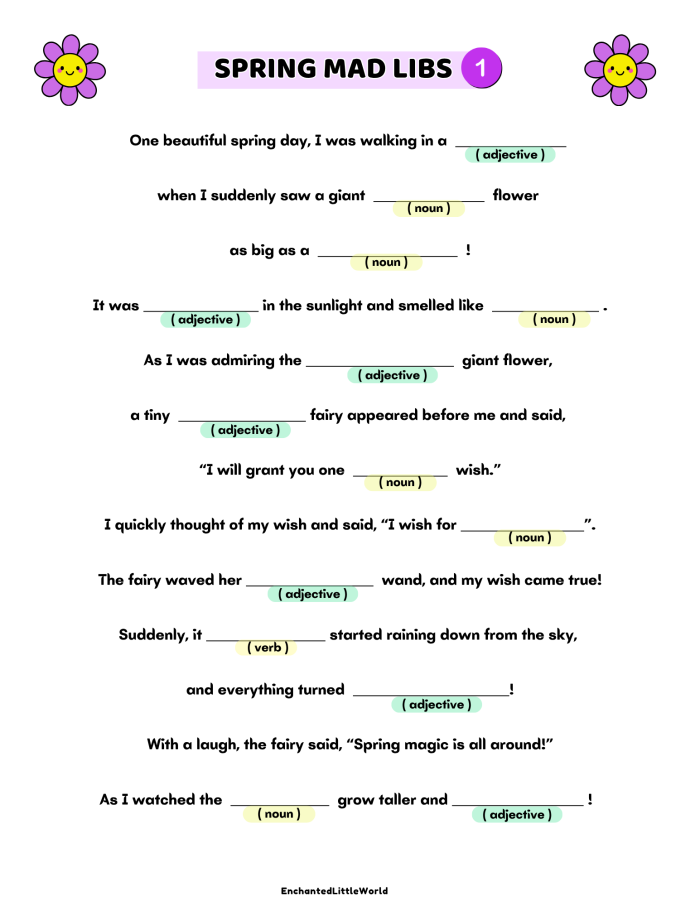 Second grade spring adjectives worksheet with grammar exercises for fractions