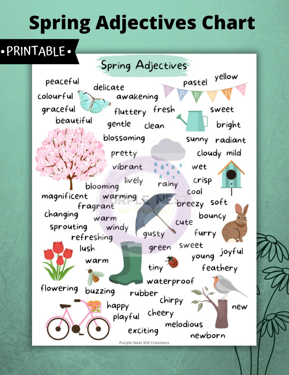Second grade students practice writing spring-themed sentences with this grammar worksheet featuring descriptive adjectives