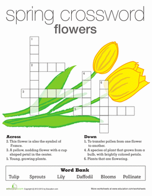 Engaging crossword puzzle to enhance spelling and vocabulary related to spring blooms Spring Flowers Crossword worksheet for second graders featuring colorful blooming flowers