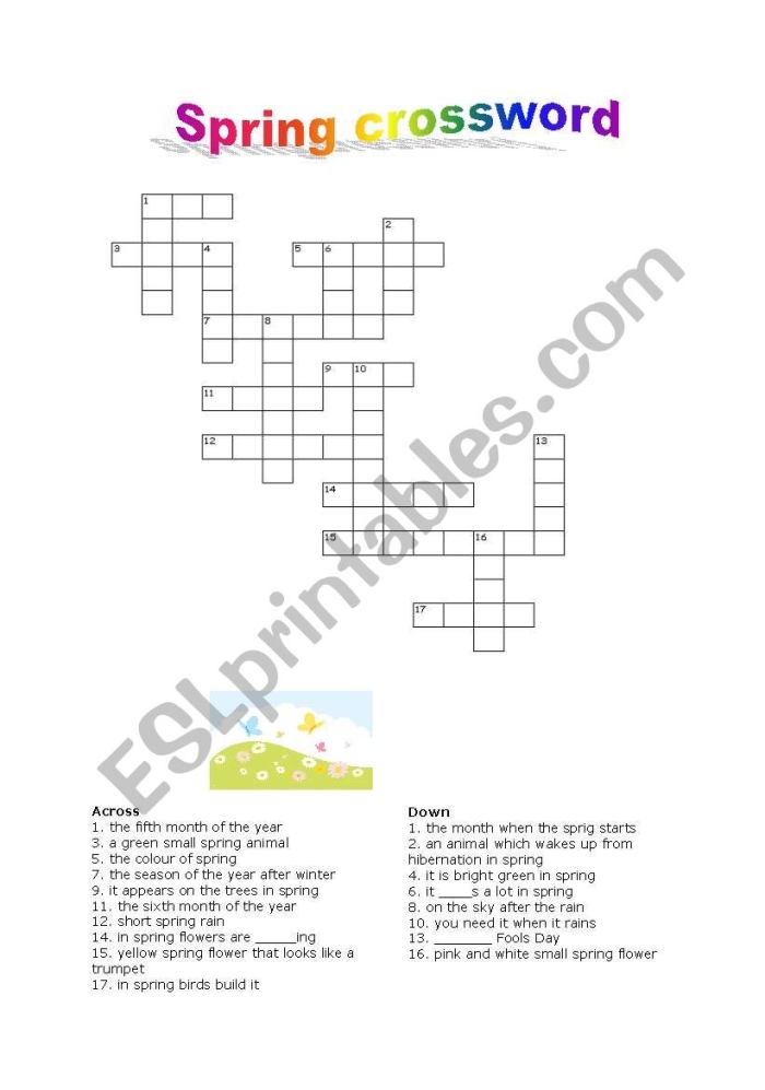 Engaging crossword puzzle to enhance spelling and vocabulary skills this spring Spring Flowers Crossword worksheet for second graders featuring colorful blooms