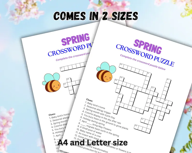 Spring crossword puzzle worksheet for second grade math and fraction vocabulary practice