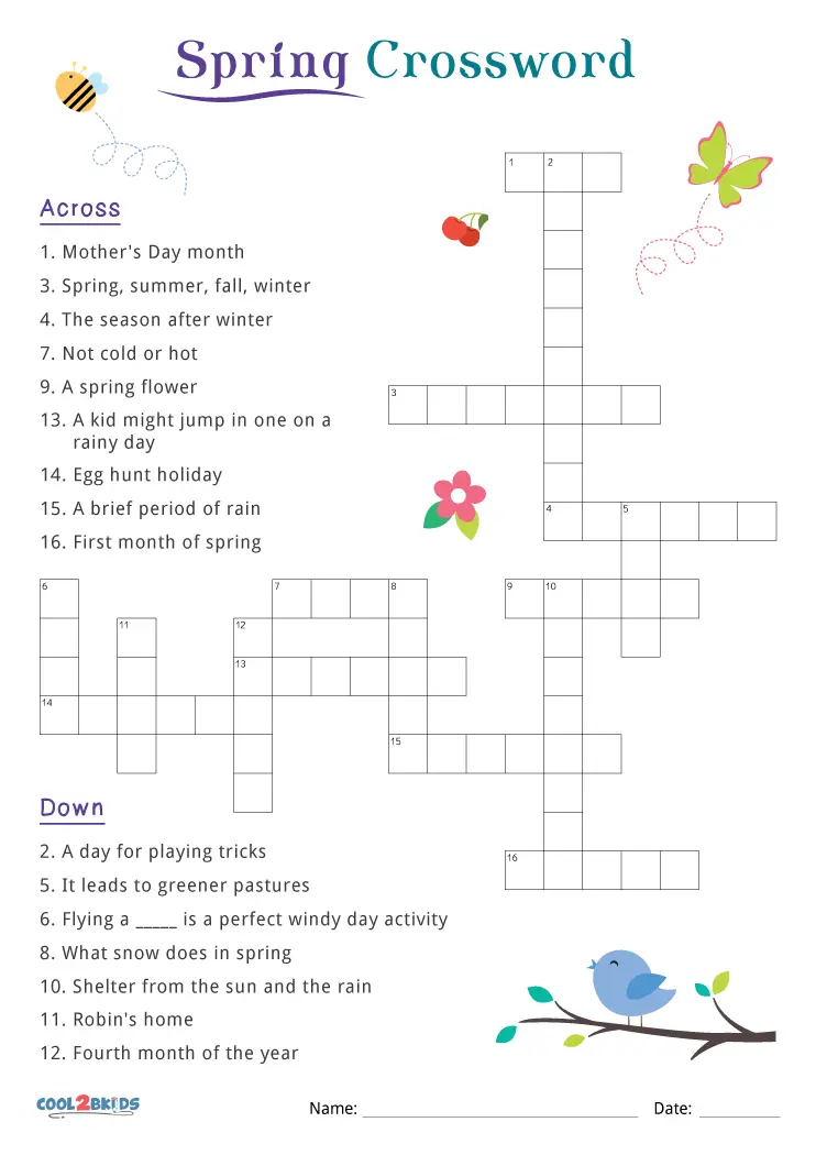 Second grade spring crossword puzzle worksheet with vocabulary and spelling activities for learning fractions concepts