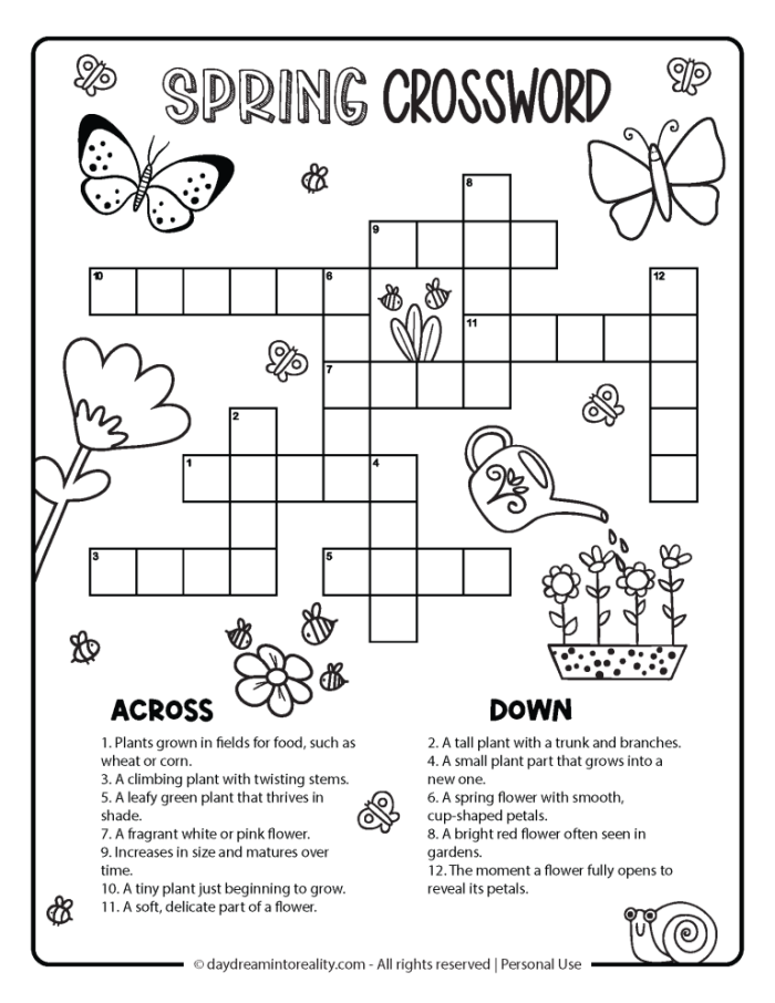 Second grade spring crossword puzzle worksheet with vocabulary words and clues for children learning fractions concepts