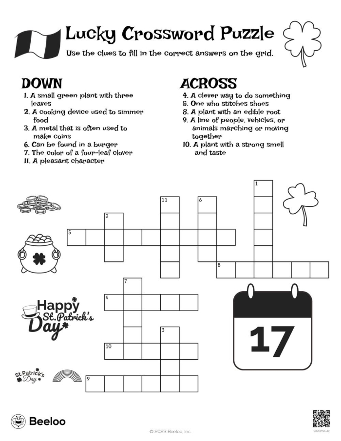 St. Patrick's Day Crossword Activity for Elementary Grammar Practice Second grade students solving a St. Patrick's Day themed crossword puzzle with green holiday decorations