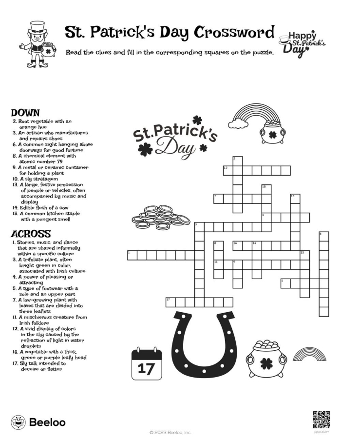 St Patrick's Day Crossword Activity 13 for Elementary Grammar Skills Second grade St. Patrick's Day crossword puzzle worksheet with green holiday theme for grammar practice