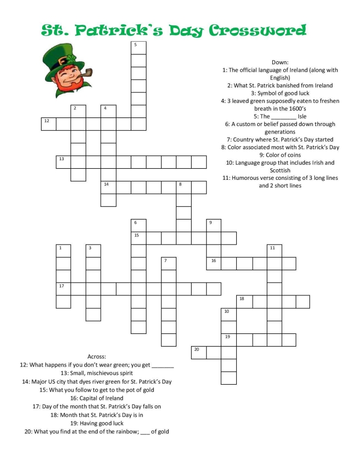 St. Patrick's Day Crossword Worksheet Number 9 Second grade students solve a fun St. Patrick's Day crossword puzzle to practice grammar and mechanics