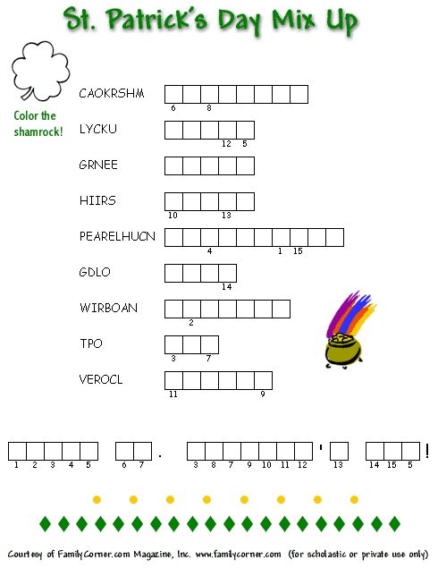Second grade St. Patrick's Day crossword puzzle worksheet 17 featuring holiday vocabulary and geometry shapes
