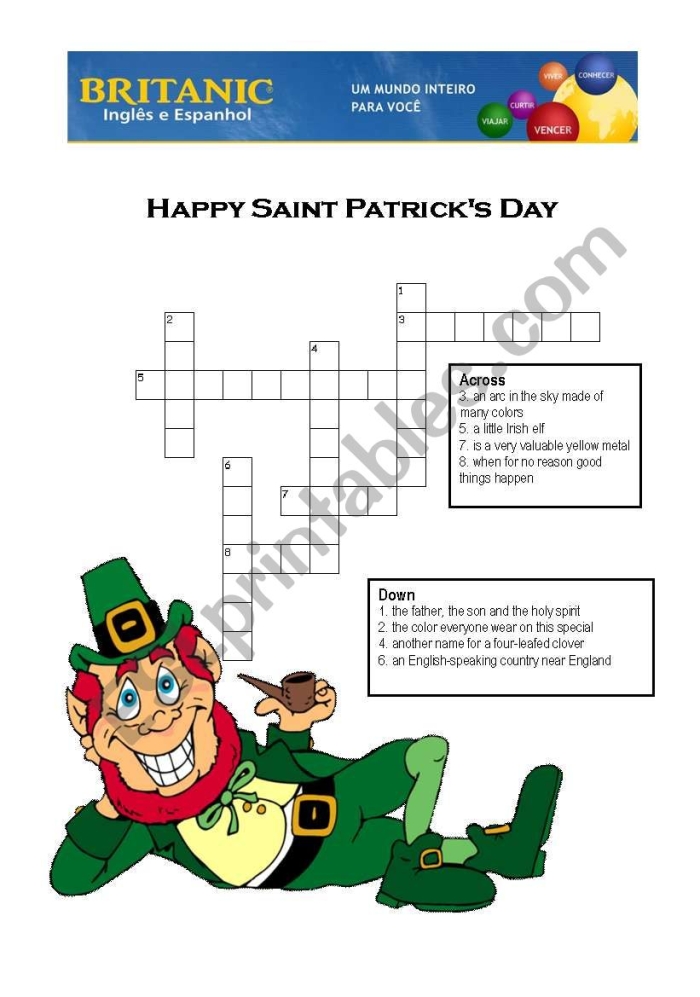 St. Patricks Day Crossword Worksheet for Grade 2 Students Second grade St. Patricks Day crossword puzzle worksheet with grammar and mechanics practice