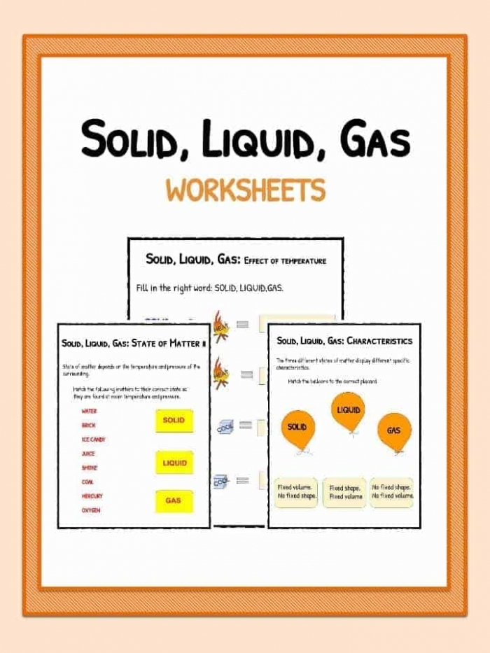 Second grade science worksheet for identifying states of matter like solids liquids and gases