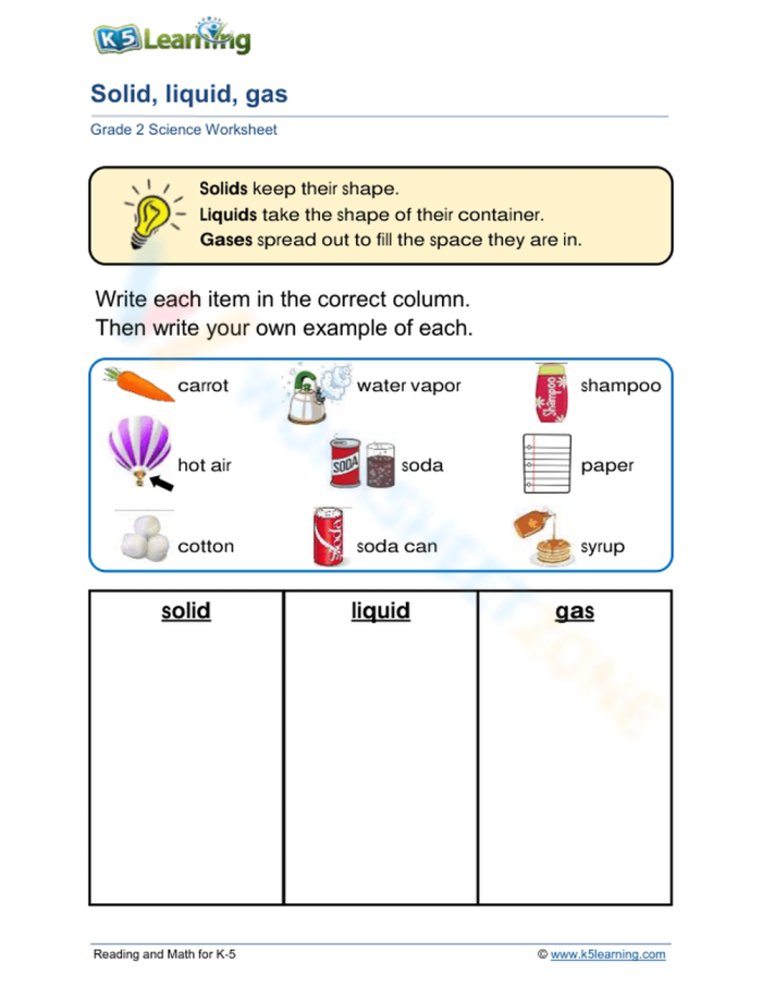 Worksheet for identifying solid, liquid, and gas states of matter for second graders