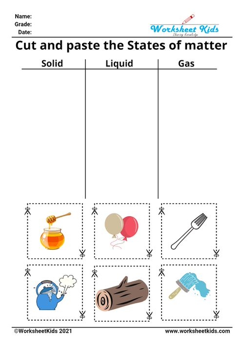 Second grade science worksheet for identifying states of matter like solids liquids and gases