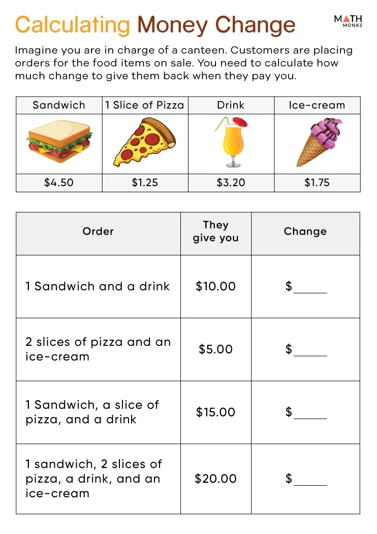 Interactive worksheet for practicing money skills in a fun shopkeeper scenario Second graders engaging in a stationery math worksheet focused on making change