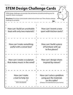 Creative thinking and engineering concepts explored through STEM design challenges for young learners STEM design challenge cards worksheet for second graders promoting creativity and problem-solving skills