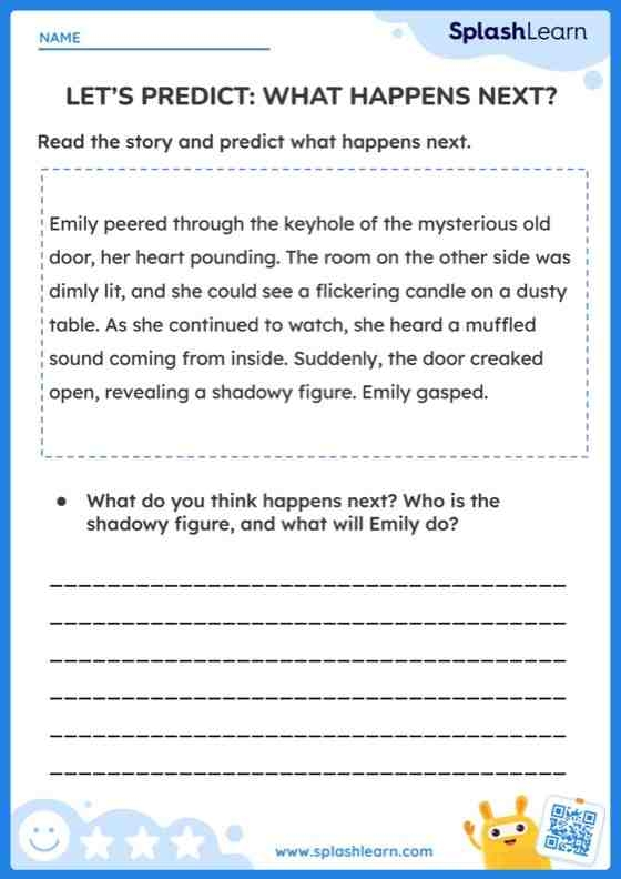 Creative writing prompt for second graders: What Happens Next? worksheet in Earth and Space Science A second-grade student completing the Story Comprehension worksheet about a puppy's adventure