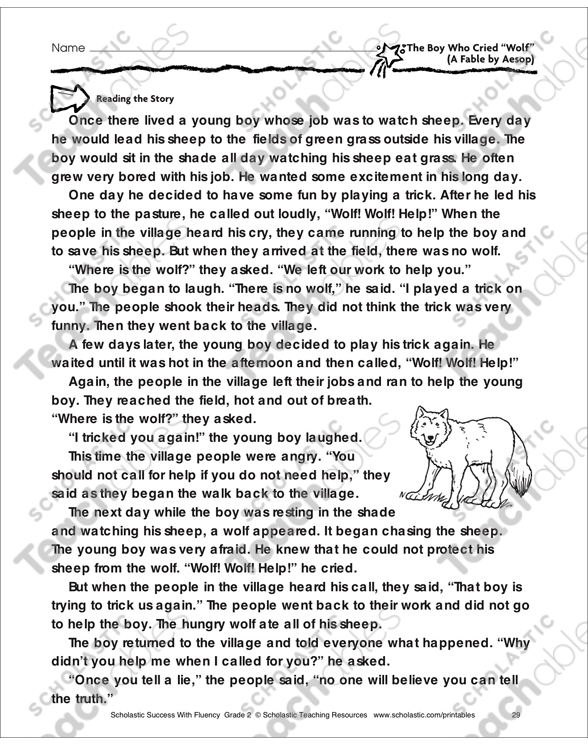 Second grade reading comprehension worksheet featuring a story map for The Boy Who Cried Wolf