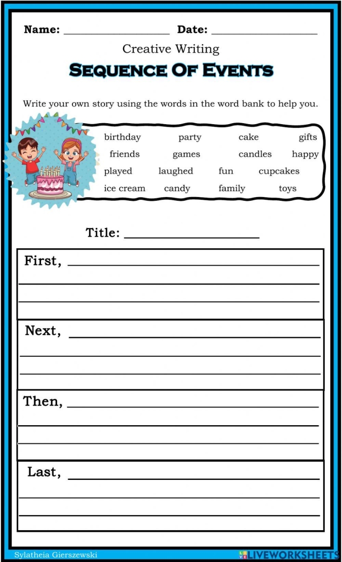 Second grade student filling out a sequence of events worksheet about story order