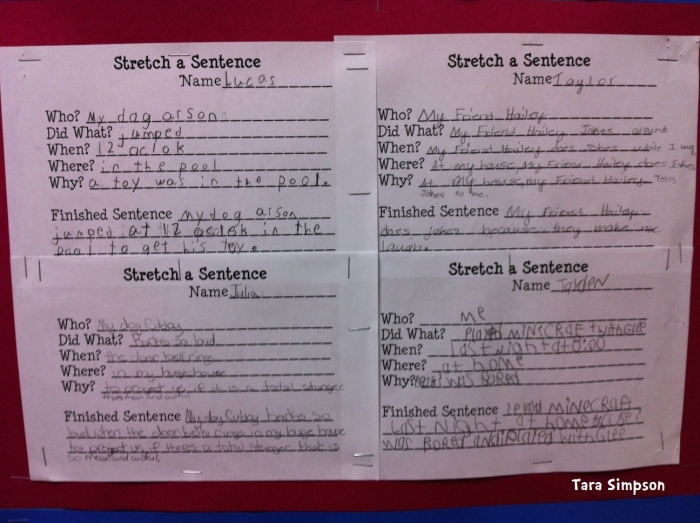 Second grade student working on a Stretch a Sentence writing worksheet to add descriptive details