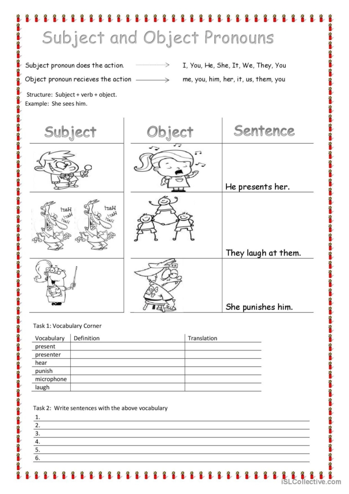Second grade students practice choosing between subject and object pronouns to complete sentences on this grammar worksheet