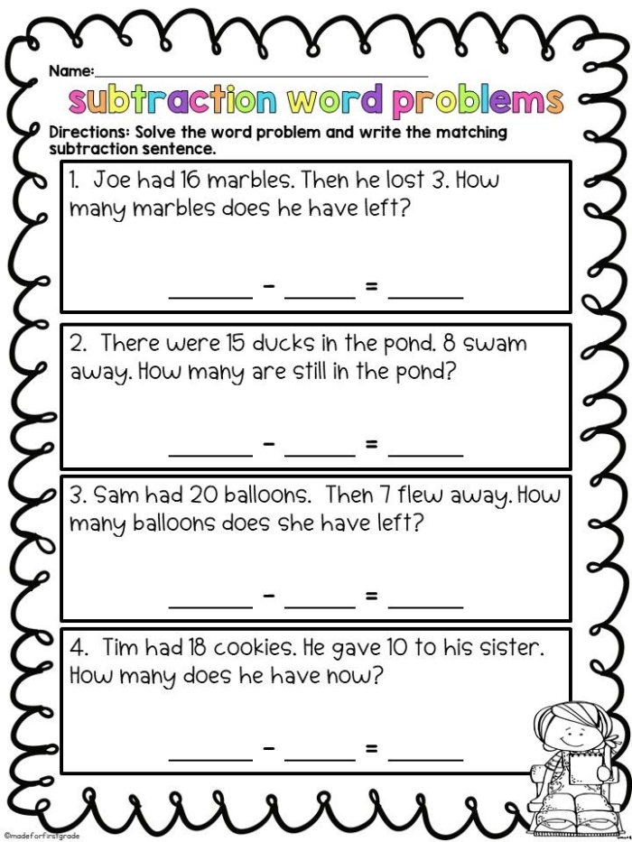 Colorful worksheet featuring animal illustrations for two-digit subtraction practice