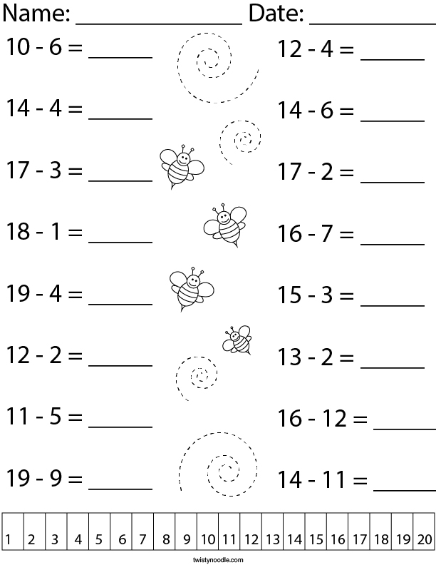 Second grade student solving subtraction problems with numbers up to 20 on a classroom assessment worksheet