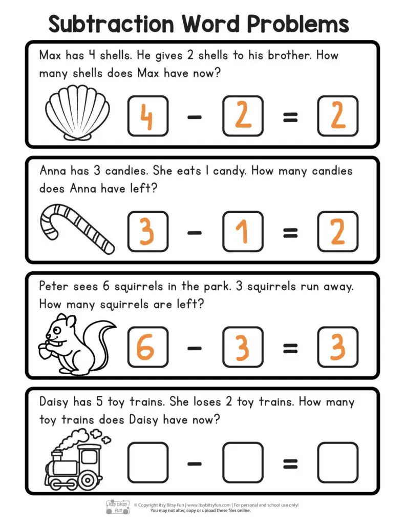 Second grade math worksheet featuring subtraction word problems with animal illustrations