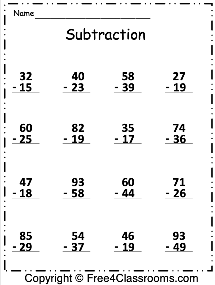 Second grade subtraction with regrouping math practice worksheet number three