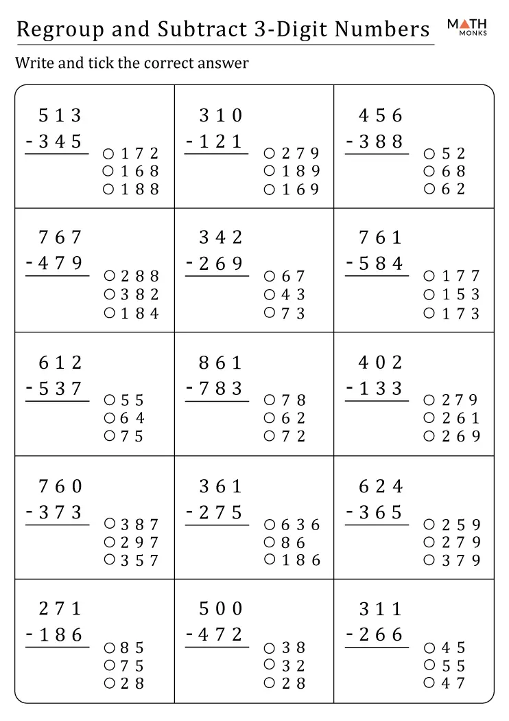 Second grade subtraction with regrouping math worksheet page 22