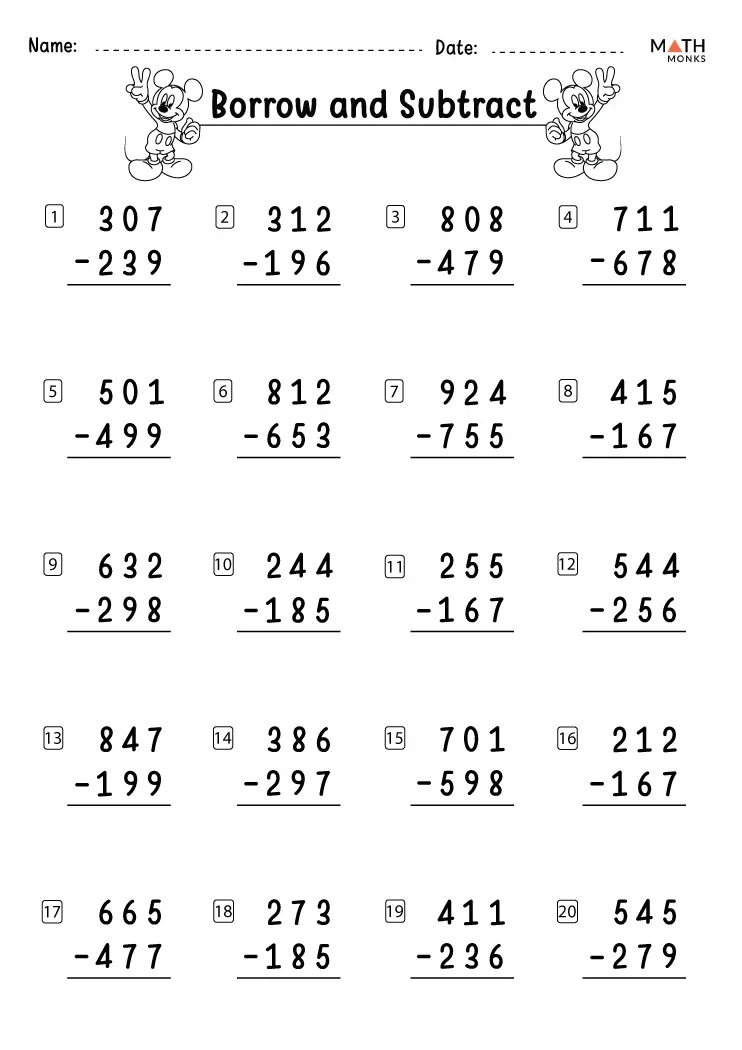 Second grade math worksheet showing subtraction problems that require regrouping with two-digit numbers and visual base ten blocks