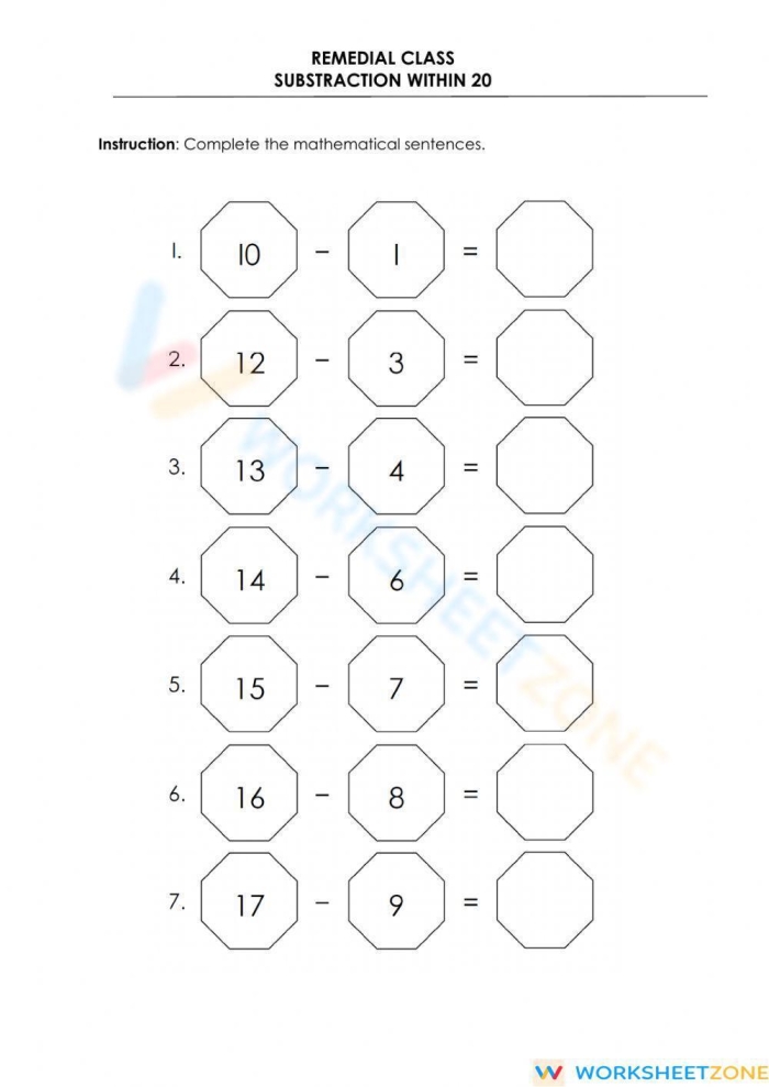 Second grade student filling out a subtraction within 20 check-in math worksheet