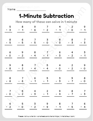 Subtraction worksheet for second graders featuring quick math problems for a one-minute challenge