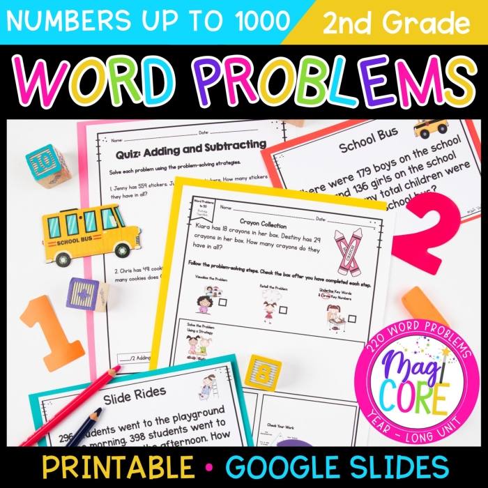 Second grade math worksheet featuring subtraction word problems with friendly animal characters