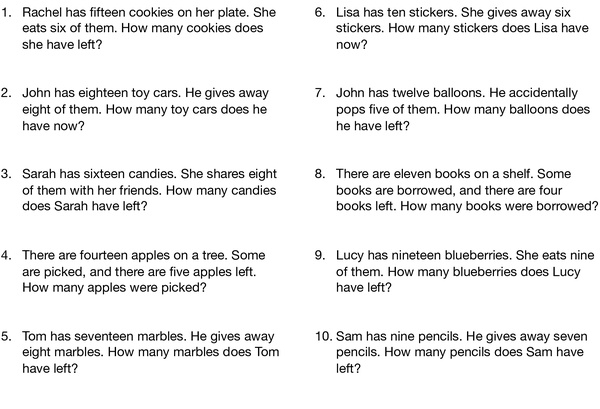 Second Grade Subtraction Fact Word Problems Worksheet for Mental Math Practice Kids engaging with subtraction fact word problems on a colorful worksheet