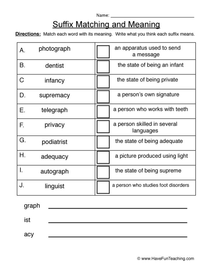 Worksheet illustrating how suffixes can change common words for second graders