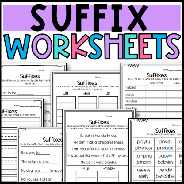 Worksheet demonstrating suffixes in words for second graders