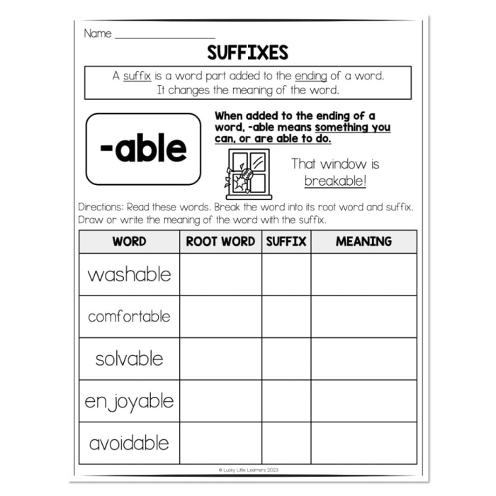 Worksheet illustrating how suffixes change everyday words in life science.