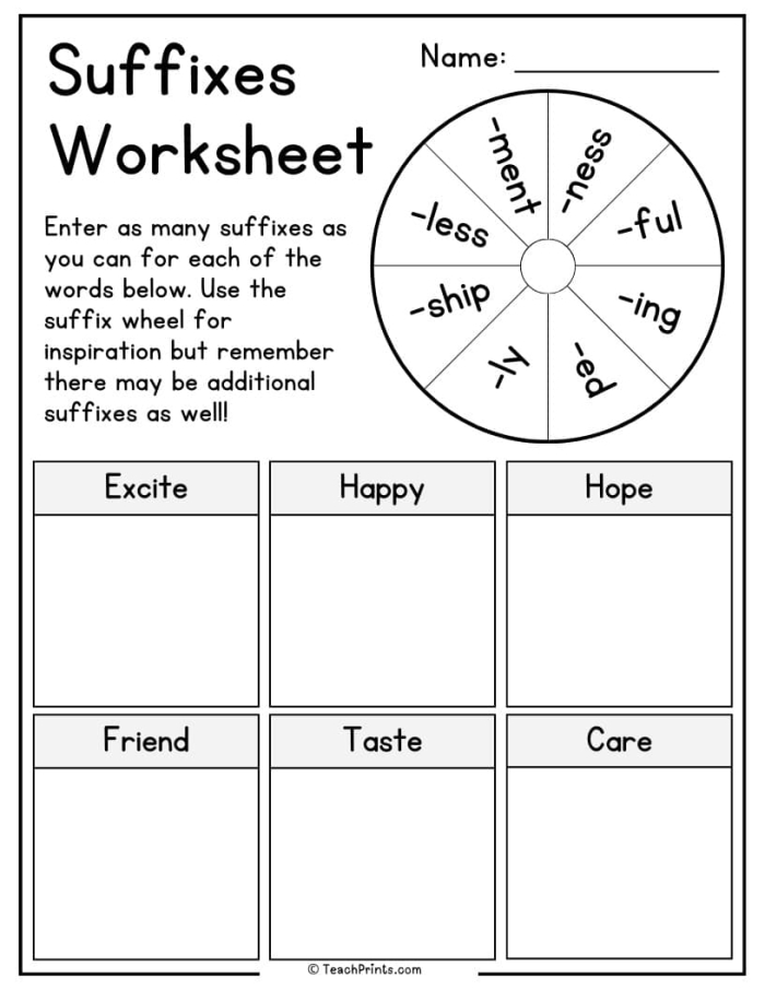 Worksheet illustrating suffixes and their impact on word transformation for second graders