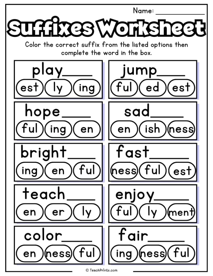 Worksheet illustrating suffix use in transforming words for second graders